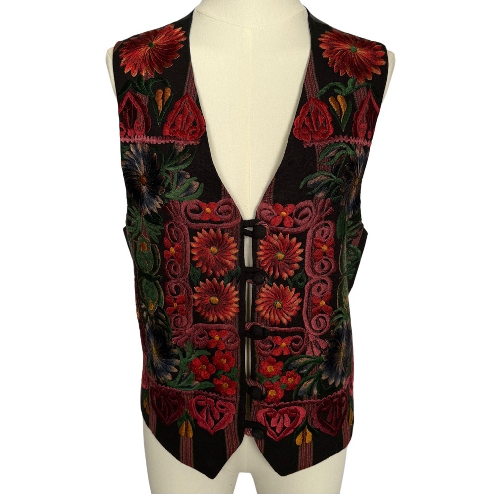 The Peruvian Connection Floral Black Lined Vest Embroidered Medium Boho